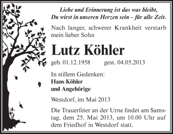Traueranzeige von Lutz Köhler von Super Sonntag Aschersleben