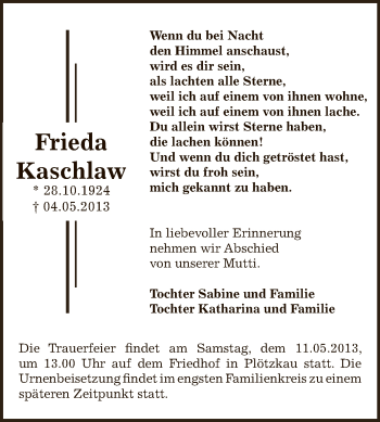 Traueranzeige von Frieda Kaschlaw von WVG - Wochenspiegel Bernburg