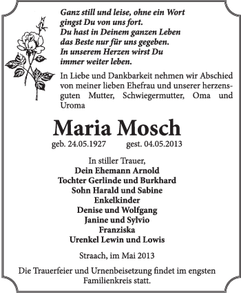 Traueranzeige von Maria Mosch von Super Sonntag Wittenberg