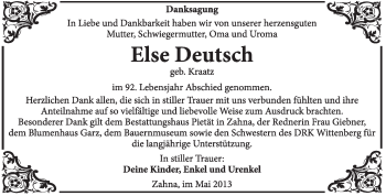 Traueranzeige von Else Deutsch von Super Sonntag Wittenberg