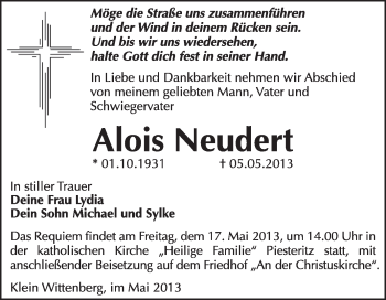 Traueranzeige von Alois Neudert von Super Sonntag Wittenberg