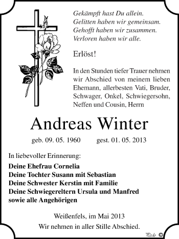 Traueranzeige von Andreas Winter von WVG - Wochenspiegel NMB / WSF / ZTZ