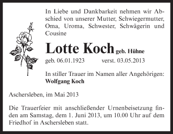 Traueranzeige von Lotte Koch von Super Sonntag Aschersleben