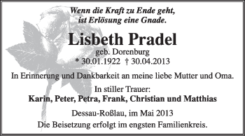 Traueranzeige von Lisbeth Pradel von Super Sonntag Dessau / Köthen