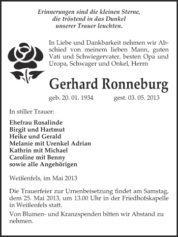 Traueranzeige von Gerhard Ronneburg von Super Sonntag Merseburg
