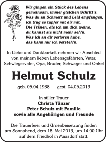 Traueranzeige von Helmut Schulz von Super Sonntag Dessau / Köthen