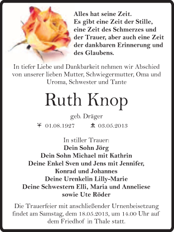 Traueranzeige von Ruth Knop von Super Sonntag Quedlinburg