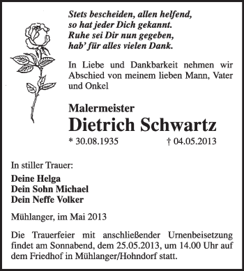 Traueranzeige von Dietrich Schwartz von WVG - Wochenspiegel Wittenberg