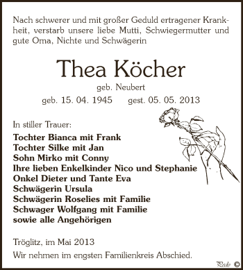 Traueranzeige von Thea Köcher von Super Sonntag Zeitz