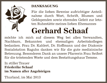 Traueranzeige von Gerhard Schaaf von WVG - Wochenspiegel Bitterfeld