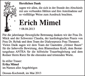 Traueranzeige von Erich Mimel von Super Sonntag Dessau / Köthen