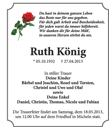 Traueranzeige von Ruth König von Super Sonntag Dessau / Köthen