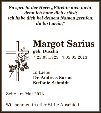 Traueranzeige von Margot Sarius von Super Sonntag Zeitz