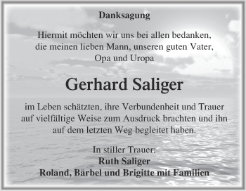 Traueranzeige von Gerhard Saliger von WVG - Wochenspiegel NMB / WSF / ZTZ