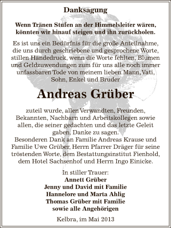 Traueranzeige von Andreas Grüber von Super Sonntag SGH Mansf. Land