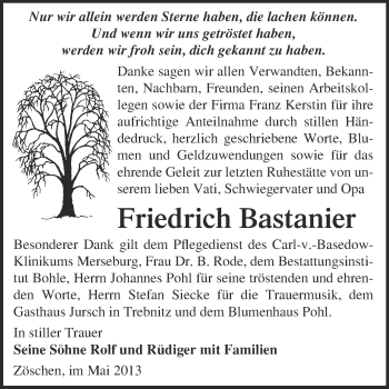 Traueranzeige von Friedrich Bastanier von Super Sonntag Merseburg