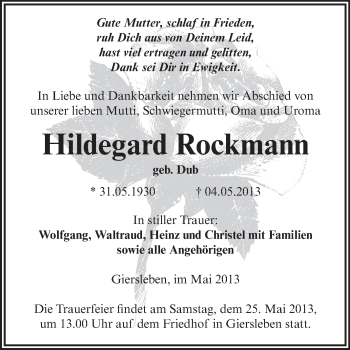 Traueranzeige von Hildegard Rockmann von Super Sonntag Aschersleben