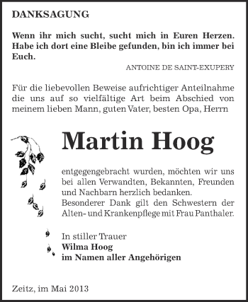 Traueranzeige von Martin Hoog von Super Sonntag Zeitz