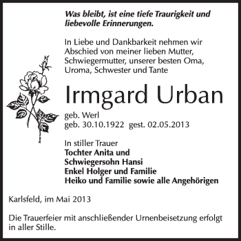 Traueranzeige von Irmgard Urban von WVG - Wochenspiegel Wittenberg