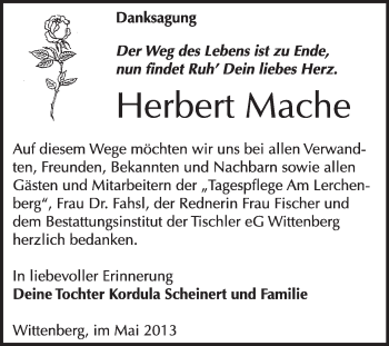 Traueranzeige von Herbert Mache von WVG - Wochenspiegel Wittenberg