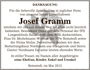 Traueranzeige von Josef Gramm von Super Sonntag SGH Mansf. Land