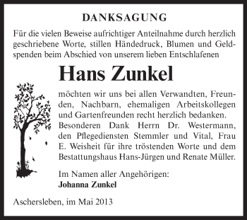 Traueranzeige von Hans Zunkel von Super Sonntag Aschersleben
