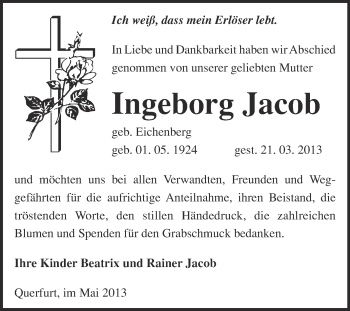 Traueranzeige von Ingeborg Jacob von WVG - Wochenspiegel Merseburg