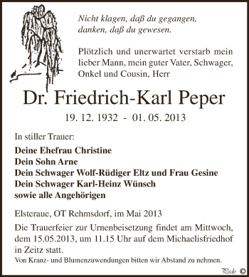 Traueranzeige von Friedrich-Karl Peper von Super Sonntag Zeitz