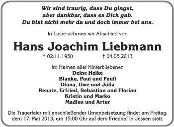 Traueranzeige von Hans Joachim Liebmann von WVG - Wochenspiegel Wittenberg