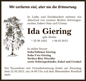 Traueranzeige von Ida Giering von Super Sonntag Bernburg