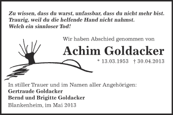 Traueranzeige von Achim Goldacker von Super Sonntag SGH Mansf. Land