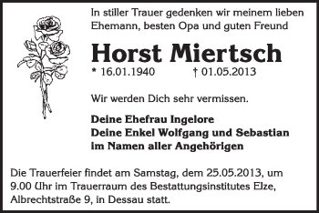 Traueranzeige von Horst Miertsch von Super Sonntag Dessau / Köthen