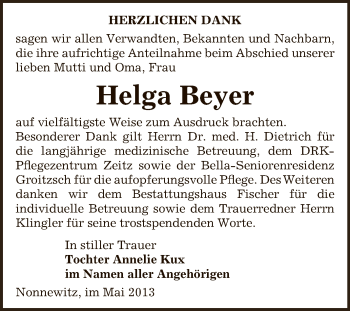 Traueranzeige von Helga Beyer von Super Sonntag Zeitz