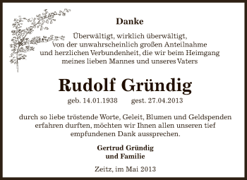 Traueranzeige von Rudolf Gründig von Super Sonntag Zeitz