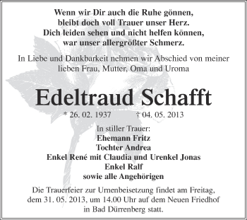 Traueranzeige von Edeltraud Schafft von Super Sonntag Merseburg