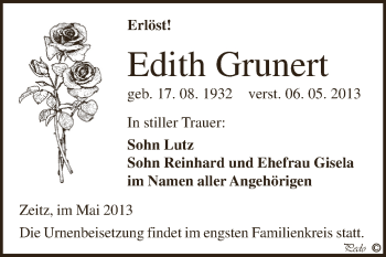 Traueranzeige von Edith Grunert von Super Sonntag Zeitz