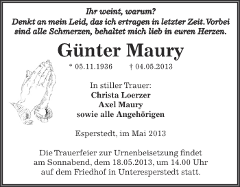 Traueranzeige von Günter Maury von Super Sonntag SGH Mansf. Land