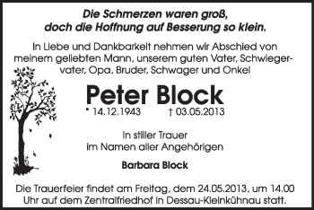 Traueranzeige von Peter Block von Super Sonntag Dessau / Köthen