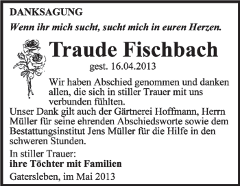 Traueranzeige von Traude Fischbach von Super Sonntag Aschersleben