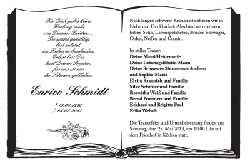 Traueranzeige von Enrico Schmidt von Super Sonntag Dessau / Köthen