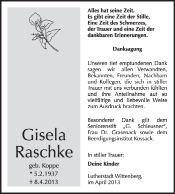 Traueranzeige von Gisela Raschke von Super Sonntag Wittenberg