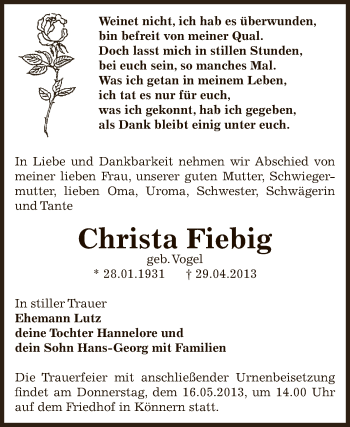 Traueranzeige von Christa Fiebig von Super Sonntag Bernburg