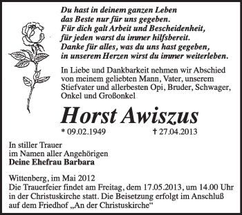 Traueranzeige von Horst Awiszus von WVG - Wochenspiegel Wittenberg