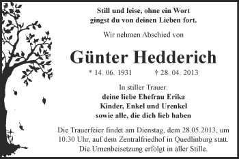 Traueranzeige von Günter Hedderich von WVG - Wochenspiegel Quedlinburg