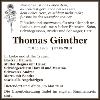 Traueranzeige von Thomas Günther von Super Sonntag Zeitz