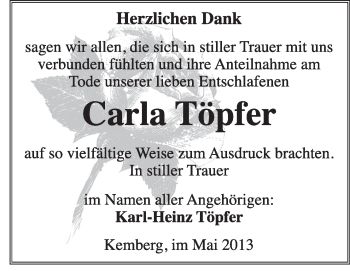 Traueranzeige von Carla Töpfer von WVG - Wochenspiegel Wittenberg