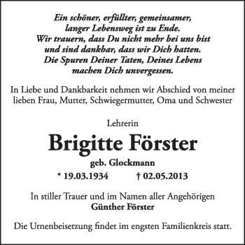 Traueranzeige von Brigitte Förster von Super Sonntag Dessau / Köthen
