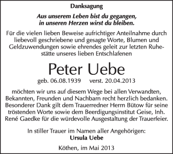 Traueranzeige von Peter Uebe von Super Sonntag Dessau / Köthen
