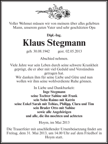 Traueranzeige von Klaus Stegmann von WVG - Wochenspiegel Aschersleben