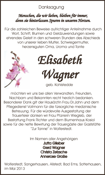 Traueranzeige von Elisabeth Wagner von Super Sonntag SGH Mansf. Land